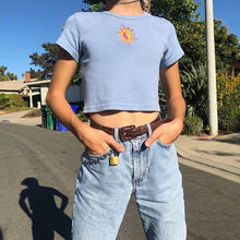Load image into Gallery viewer, Summer T-shirt Short Sleeve Sun Embroidery Crop Tops 2019 Women Knitted Slim Leisure T-Shirt Female Streetwear Tees Blue/Green