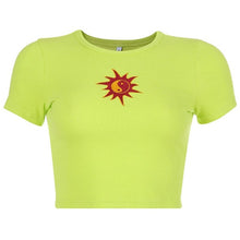 Load image into Gallery viewer, Summer T-shirt Short Sleeve Sun Embroidery Crop Tops 2019 Women Knitted Slim Leisure T-Shirt Female Streetwear Tees Blue/Green