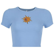 Load image into Gallery viewer, Summer T-shirt Short Sleeve Sun Embroidery Crop Tops 2019 Women Knitted Slim Leisure T-Shirt Female Streetwear Tees Blue/Green