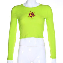 Load image into Gallery viewer, Summer T-shirt Short Sleeve Sun Embroidery Crop Tops 2019 Women Knitted Slim Leisure T-Shirt Female Streetwear Tees Blue/Green