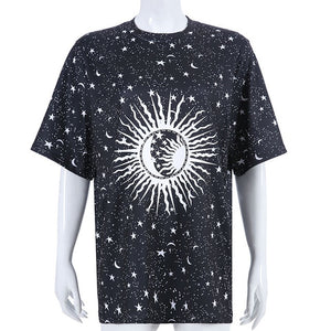 Summer Tshirt Harajuku Loose Long Female t-shirt Moon Star Printed Casual tshirt Women Tops Tee Shirt