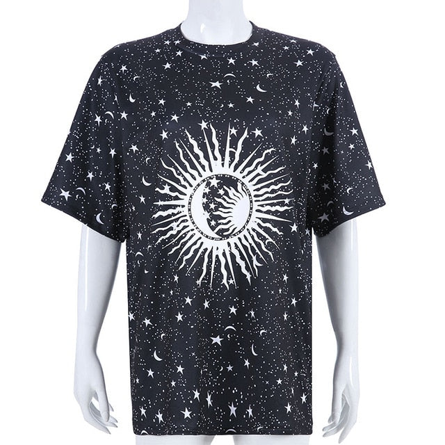 Summer Tshirt Harajuku Loose Long Female t-shirt Moon Star Printed Casual tshirt Women Tops Tee Shirt