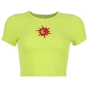 Summer T-shirt Short Sleeve Sun Embroidery Crop Tops 2019 Women Knitted Slim Leisure T-Shirt Female Streetwear Tees Blue/Green