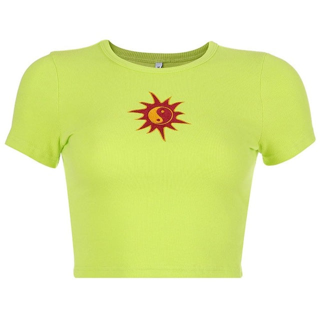 Summer T-shirt Short Sleeve Sun Embroidery Crop Tops 2019 Women Knitted Slim Leisure T-Shirt Female Streetwear Tees Blue/Green