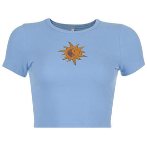 Summer T-shirt Short Sleeve Sun Embroidery Crop Tops 2019 Women Knitted Slim Leisure T-Shirt Female Streetwear Tees Blue/Green