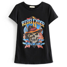 Load image into Gallery viewer, TXJRH Vintage Rebel Rider Letter Skull Print Black Cotton T-Shirt Short Sleeve O-Neck Pullover Chic Tees Bohemian Tops Summer
