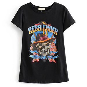 TXJRH Vintage Rebel Rider Letter Skull Print Black Cotton T-Shirt Short Sleeve O-Neck Pullover Chic Tees Bohemian Tops Summer