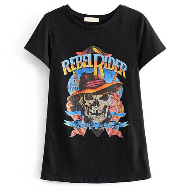 TXJRH Vintage Rebel Rider Letter Skull Print Black Cotton T-Shirt Short Sleeve O-Neck Pullover Chic Tees Bohemian Tops Summer
