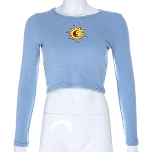 Summer T-shirt Short Sleeve Sun Embroidery Crop Tops 2019 Women Knitted Slim Leisure T-Shirt Female Streetwear Tees Blue/Green