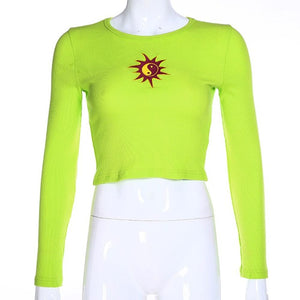 Summer T-shirt Short Sleeve Sun Embroidery Crop Tops 2019 Women Knitted Slim Leisure T-Shirt Female Streetwear Tees Blue/Green