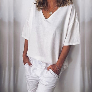 Women Casual Tee Plus Size Short Sleeve V-Neck Plain Shirts Summer Sexy T-Shirt Loose Fitting Shirts Basic Top Tunic Tees XXXXXL