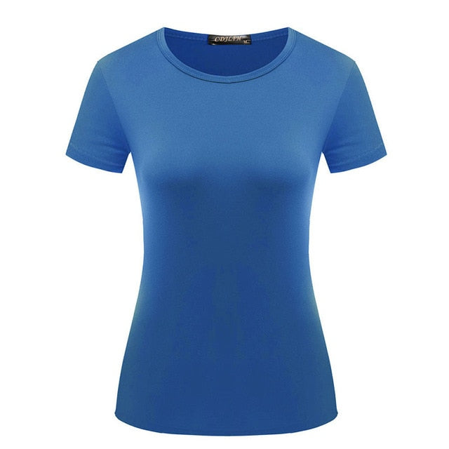 1PC Casual Female Short Sleeve Solid Tops S-XXL Popular T Shirt Hot Sale Plain Basic High Quality Elastic 6 Color Women