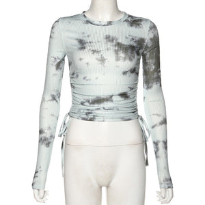 SEASONS Tie Dye Print Ribbed Women T Shirt Crop Top Bandage Long Sleeve Sexy Streetwear Summer Clothes Drawstring ASTS80273