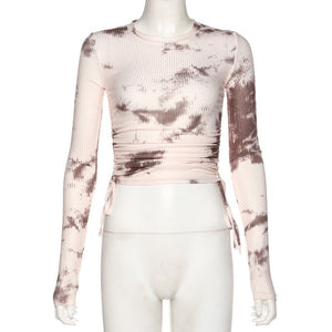 SEASONS Tie Dye Print Ribbed Women T Shirt Crop Top Bandage Long Sleeve Sexy Streetwear Summer Clothes Drawstring ASTS80273