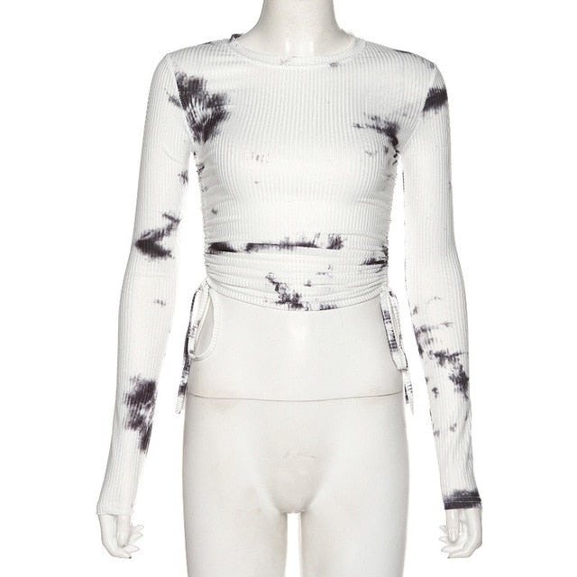 SEASONS Tie Dye Print Ribbed Women T Shirt Crop Top Bandage Long Sleeve Sexy Streetwear Summer Clothes Drawstring ASTS80273