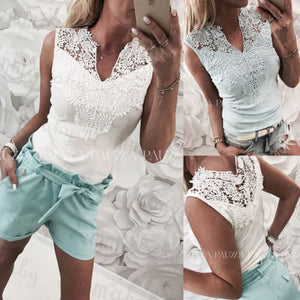 New 2018 Women Summer Lace Patchwork V neck Tops T shirt Sleeveless Casual Solid Tops Tee Shirt