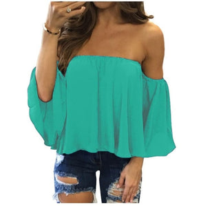 2020 Summer T-shirt Women Fashion Sexy Chiffon Off Shoulder Shirts Strapless Short Sleeve Beach Tops Tee Feminine Plus Size 5XL